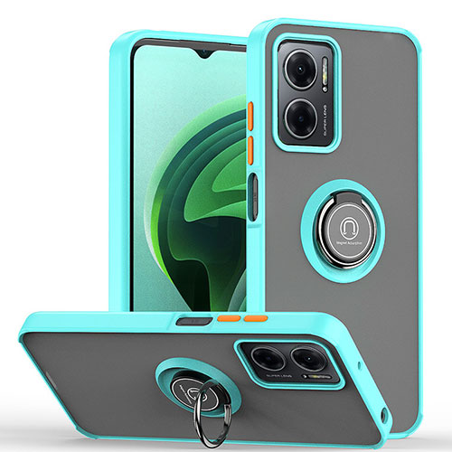 Silicone Matte Finish and Plastic Back Cover Case with Magnetic Finger Ring Stand QW2 for Xiaomi Redmi 10 5G Cyan