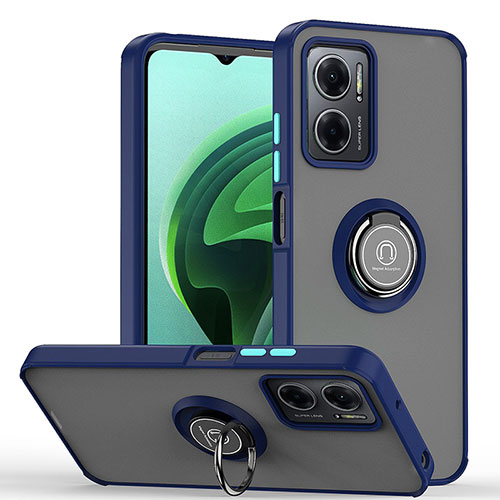 Silicone Matte Finish and Plastic Back Cover Case with Magnetic Finger Ring Stand QW2 for Xiaomi Redmi 10 Prime Plus 5G Blue