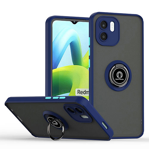 Silicone Matte Finish and Plastic Back Cover Case with Magnetic Finger Ring Stand QW2 for Xiaomi Redmi A2 Blue