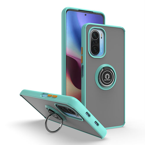 Silicone Matte Finish and Plastic Back Cover Case with Magnetic Finger Ring Stand QW2 for Xiaomi Redmi K40 Pro 5G Cyan