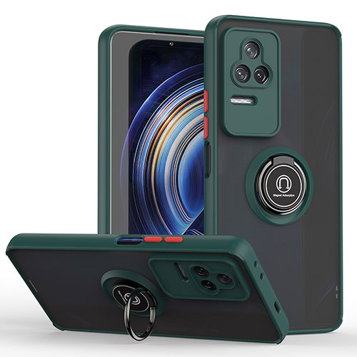 Silicone Matte Finish and Plastic Back Cover Case with Magnetic Finger Ring Stand QW2 for Xiaomi Redmi K50 5G Midnight Green