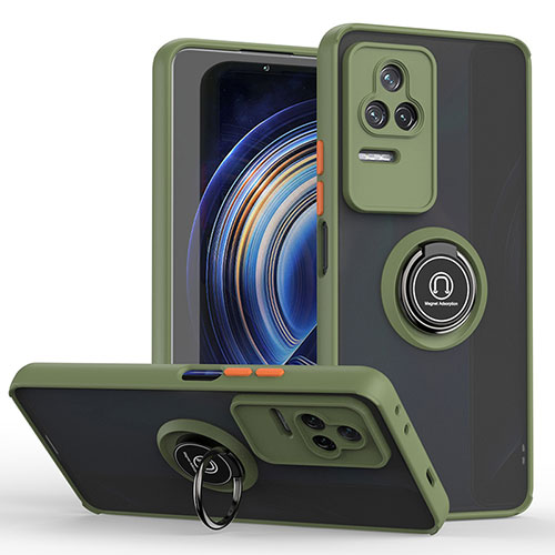 Silicone Matte Finish and Plastic Back Cover Case with Magnetic Finger Ring Stand QW2 for Xiaomi Redmi K50 Pro 5G Army green