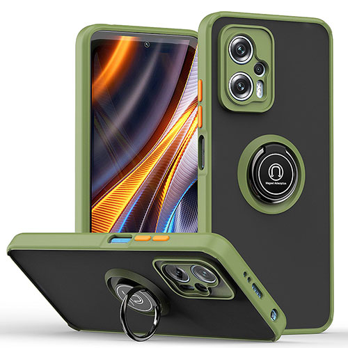 Silicone Matte Finish and Plastic Back Cover Case with Magnetic Finger Ring Stand QW2 for Xiaomi Redmi K50i 5G Army green