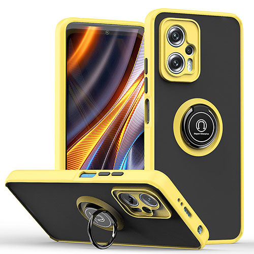 Silicone Matte Finish and Plastic Back Cover Case with Magnetic Finger Ring Stand QW2 for Xiaomi Redmi K50i 5G Yellow