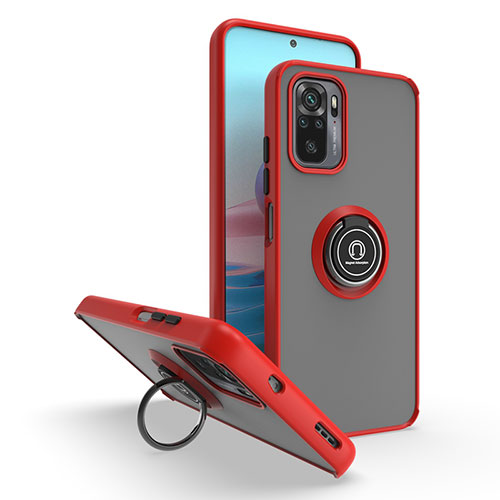 Silicone Matte Finish and Plastic Back Cover Case with Magnetic Finger Ring Stand QW2 for Xiaomi Redmi Note 10 4G Red