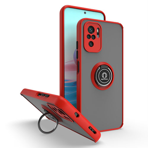 Silicone Matte Finish and Plastic Back Cover Case with Magnetic Finger Ring Stand QW2 for Xiaomi Redmi Note 10 Pro 4G Red