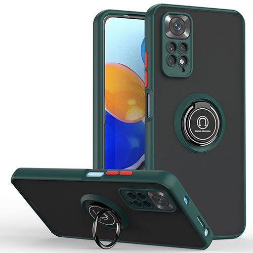 Silicone Matte Finish and Plastic Back Cover Case with Magnetic Finger Ring Stand QW2 for Xiaomi Redmi Note 11 4G (2022) Midnight Green