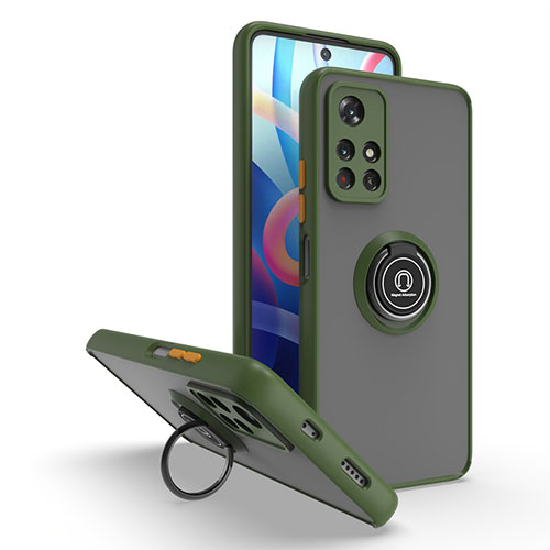 Silicone Matte Finish and Plastic Back Cover Case with Magnetic Finger Ring Stand QW2 for Xiaomi Redmi Note 11 5G Army green