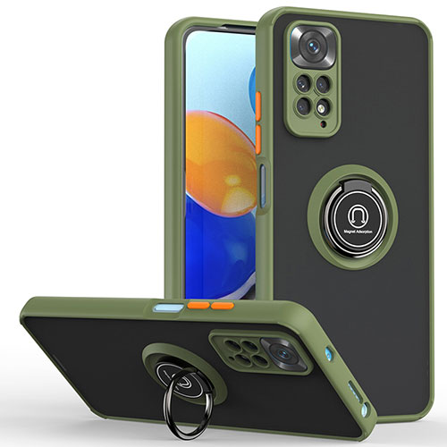 Silicone Matte Finish and Plastic Back Cover Case with Magnetic Finger Ring Stand QW2 for Xiaomi Redmi Note 11 Pro 4G Army green