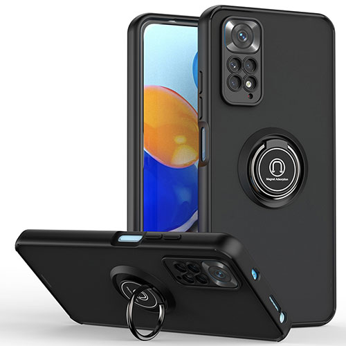 Silicone Matte Finish and Plastic Back Cover Case with Magnetic Finger Ring Stand QW2 for Xiaomi Redmi Note 11 Pro 4G Black