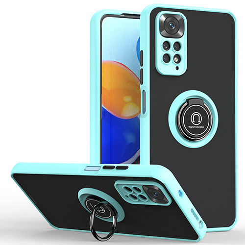 Silicone Matte Finish and Plastic Back Cover Case with Magnetic Finger Ring Stand QW2 for Xiaomi Redmi Note 11 Pro 4G Cyan