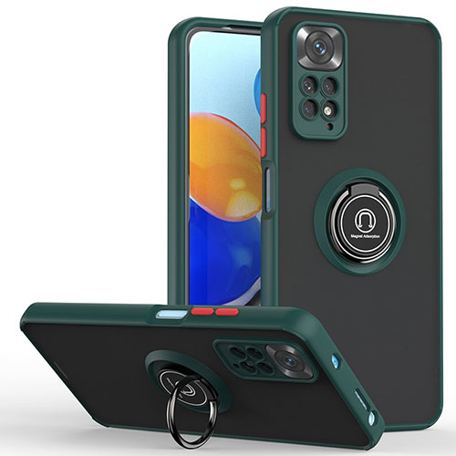 Silicone Matte Finish and Plastic Back Cover Case with Magnetic Finger Ring Stand QW2 for Xiaomi Redmi Note 11 Pro 4G Midnight Green