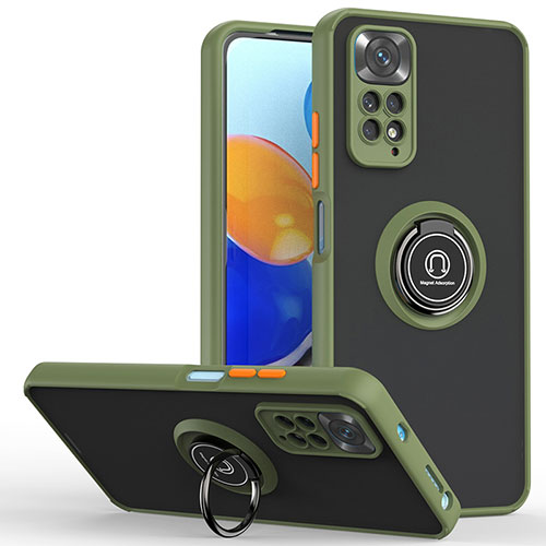 Silicone Matte Finish and Plastic Back Cover Case with Magnetic Finger Ring Stand QW2 for Xiaomi Redmi Note 11 Pro 5G Army green