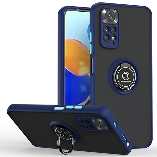 Silicone Matte Finish and Plastic Back Cover Case with Magnetic Finger Ring Stand QW2 for Xiaomi Redmi Note 11 Pro 5G Blue