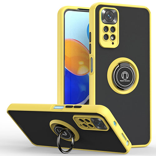 Silicone Matte Finish and Plastic Back Cover Case with Magnetic Finger Ring Stand QW2 for Xiaomi Redmi Note 11 Pro 5G Yellow