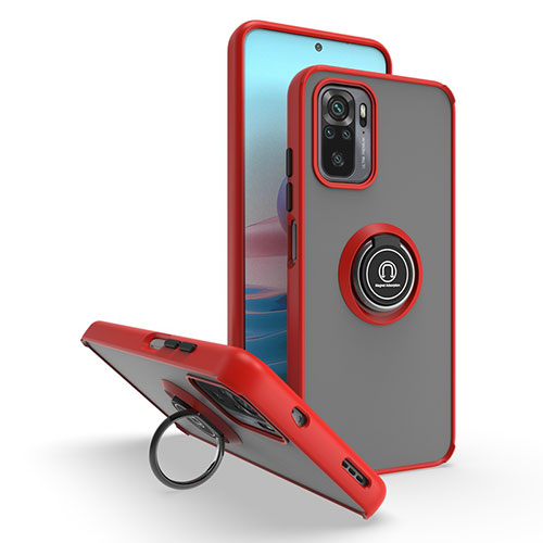 Silicone Matte Finish and Plastic Back Cover Case with Magnetic Finger Ring Stand QW2 for Xiaomi Redmi Note 11 SE India 4G Red