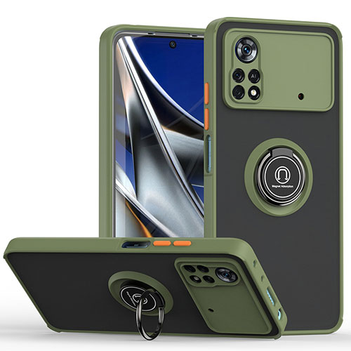 Silicone Matte Finish and Plastic Back Cover Case with Magnetic Finger Ring Stand QW2 for Xiaomi Redmi Note 11E Pro 5G Army green