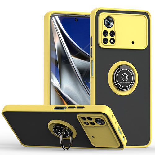 Silicone Matte Finish and Plastic Back Cover Case with Magnetic Finger Ring Stand QW2 for Xiaomi Redmi Note 11E Pro 5G Yellow