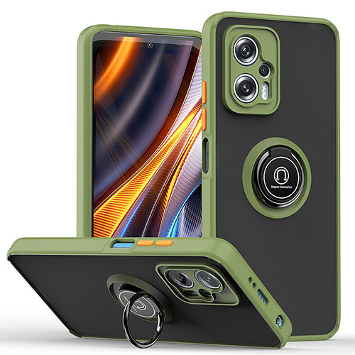 Silicone Matte Finish and Plastic Back Cover Case with Magnetic Finger Ring Stand QW2 for Xiaomi Redmi Note 11T Pro 5G Army green