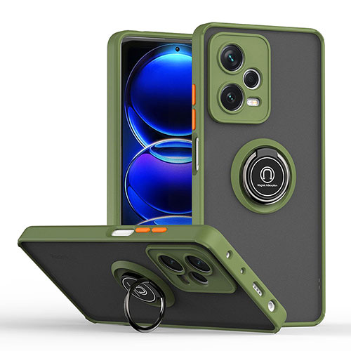 Silicone Matte Finish and Plastic Back Cover Case with Magnetic Finger Ring Stand QW2 for Xiaomi Redmi Note 12 Explorer Army green