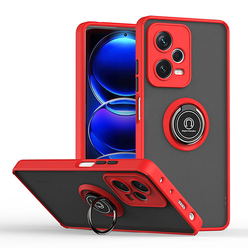 Silicone Matte Finish and Plastic Back Cover Case with Magnetic Finger Ring Stand QW2 for Xiaomi Redmi Note 12 Pro+ Plus 5G Red