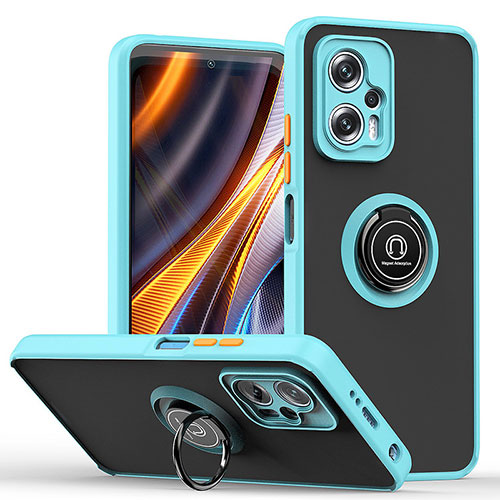 Silicone Matte Finish and Plastic Back Cover Case with Magnetic Finger Ring Stand QW2 for Xiaomi Redmi Note 12T Pro 5G Cyan