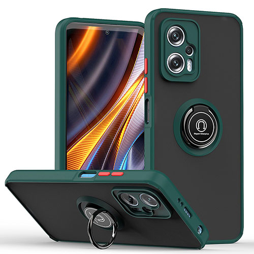 Silicone Matte Finish and Plastic Back Cover Case with Magnetic Finger Ring Stand QW2 for Xiaomi Redmi Note 12T Pro 5G Midnight Green