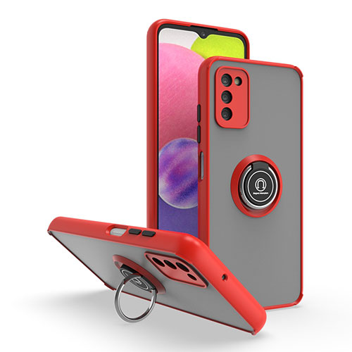 Silicone Matte Finish and Plastic Back Cover Case with Magnetic Finger Ring Stand QW3 for Samsung Galaxy F02S SM-E025F Red