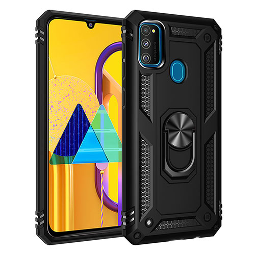 Silicone Matte Finish and Plastic Back Cover Case with Magnetic Finger Ring Stand QW3 for Samsung Galaxy M21 Black