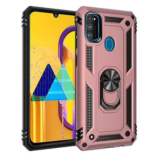Silicone Matte Finish and Plastic Back Cover Case with Magnetic Finger Ring Stand QW3 for Samsung Galaxy M30s Rose Gold