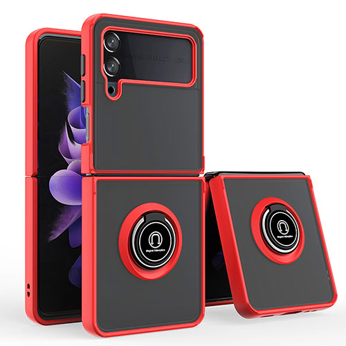 Silicone Matte Finish and Plastic Back Cover Case with Magnetic Finger Ring Stand QW3 for Samsung Galaxy Z Flip4 5G Red