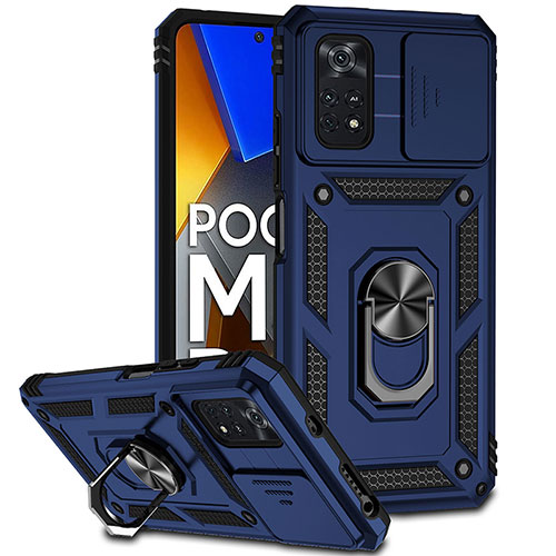 Silicone Matte Finish and Plastic Back Cover Case with Magnetic Finger Ring Stand QW3 for Xiaomi Poco M4 Pro 4G Blue