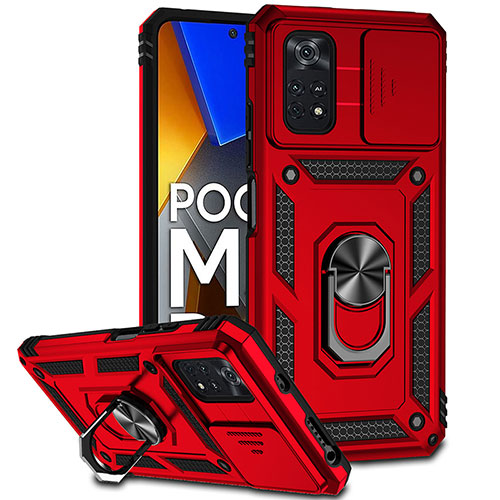 Silicone Matte Finish and Plastic Back Cover Case with Magnetic Finger Ring Stand QW3 for Xiaomi Poco M4 Pro 4G Red