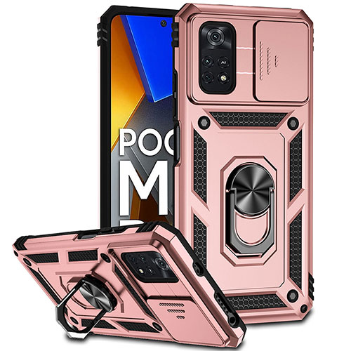 Silicone Matte Finish and Plastic Back Cover Case with Magnetic Finger Ring Stand QW3 for Xiaomi Poco M4 Pro 4G Rose Gold