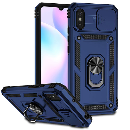 Silicone Matte Finish and Plastic Back Cover Case with Magnetic Finger Ring Stand QW3 for Xiaomi Redmi 9A Blue