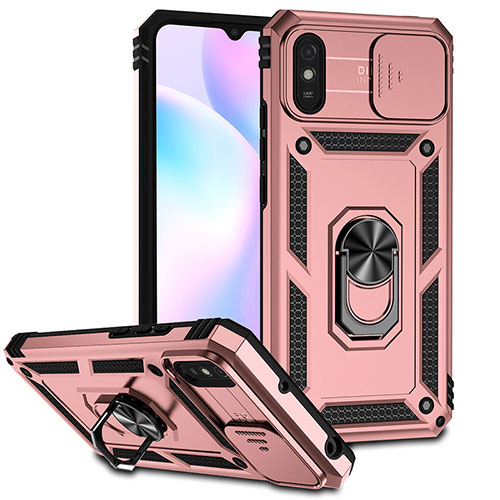 Silicone Matte Finish and Plastic Back Cover Case with Magnetic Finger Ring Stand QW3 for Xiaomi Redmi 9A Rose Gold