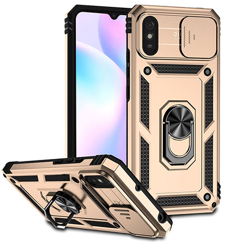 Silicone Matte Finish and Plastic Back Cover Case with Magnetic Finger Ring Stand QW3 for Xiaomi Redmi 9AT Gold