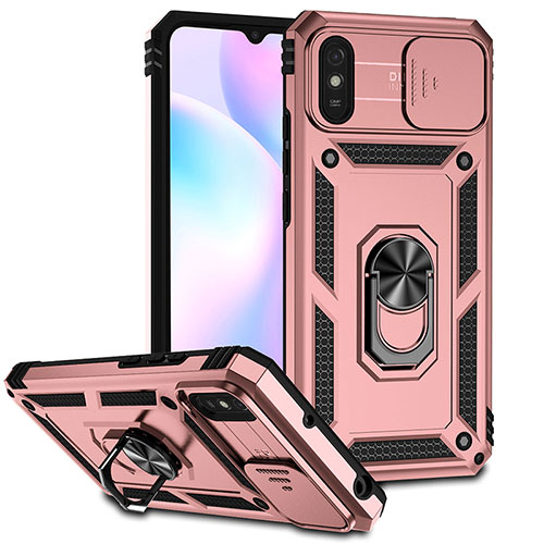 Silicone Matte Finish and Plastic Back Cover Case with Magnetic Finger Ring Stand QW3 for Xiaomi Redmi 9i Rose Gold