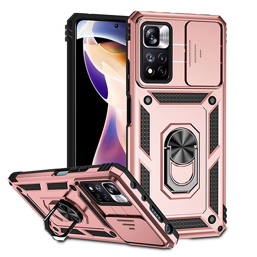 Silicone Matte Finish and Plastic Back Cover Case with Magnetic Finger Ring Stand QW3 for Xiaomi Redmi Note 11 Pro+ Plus 5G Rose Gold