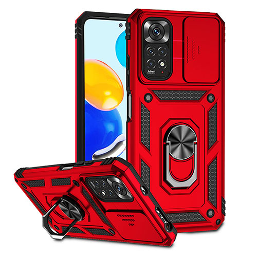 Silicone Matte Finish and Plastic Back Cover Case with Magnetic Finger Ring Stand QW3 for Xiaomi Redmi Note 11S 4G Red