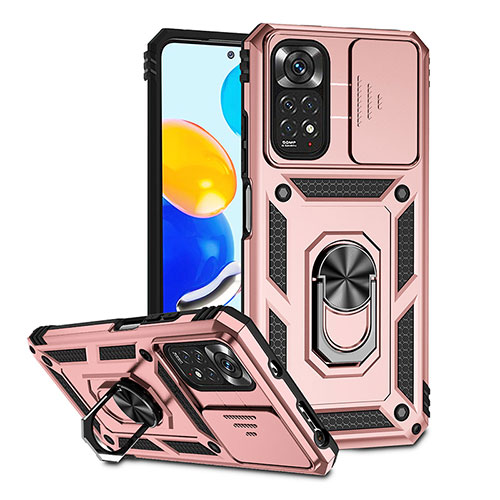 Silicone Matte Finish and Plastic Back Cover Case with Magnetic Finger Ring Stand QW3 for Xiaomi Redmi Note 11S 4G Rose Gold