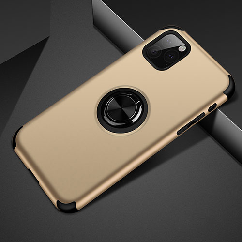 Silicone Matte Finish and Plastic Back Cover Case with Magnetic Finger Ring Stand R01 for Apple iPhone 11 Pro Gold