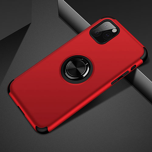 Silicone Matte Finish and Plastic Back Cover Case with Magnetic Finger Ring Stand R01 for Apple iPhone 11 Pro Max Red