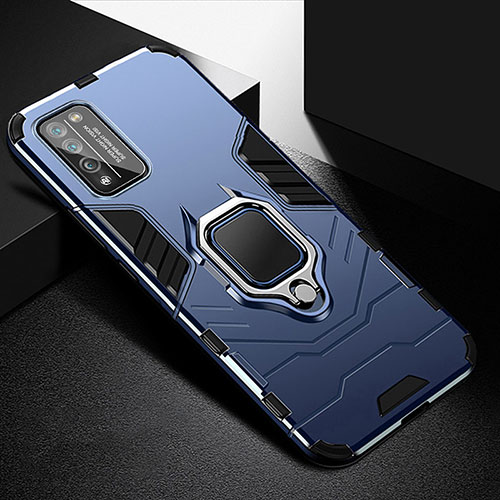 Silicone Matte Finish and Plastic Back Cover Case with Magnetic Finger Ring Stand R01 for Huawei Honor 30 Lite 5G Blue