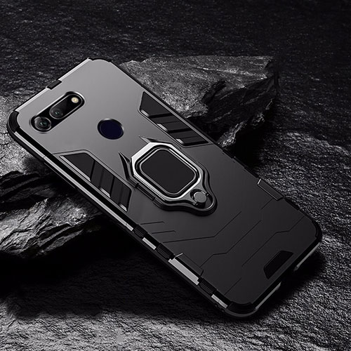Silicone Matte Finish and Plastic Back Cover Case with Magnetic Finger Ring Stand R01 for Huawei Honor V20 Black