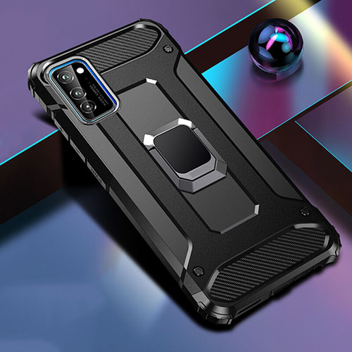 Silicone Matte Finish and Plastic Back Cover Case with Magnetic Finger Ring Stand R01 for Huawei Honor V30 Pro 5G Black