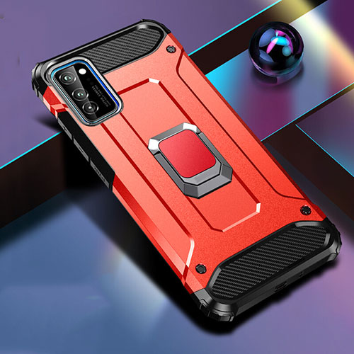 Silicone Matte Finish and Plastic Back Cover Case with Magnetic Finger Ring Stand R01 for Huawei Honor View 30 5G Red