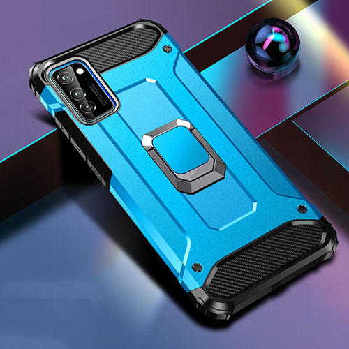 Silicone Matte Finish and Plastic Back Cover Case with Magnetic Finger Ring Stand R01 for Huawei Honor View 30 Pro 5G Sky Blue