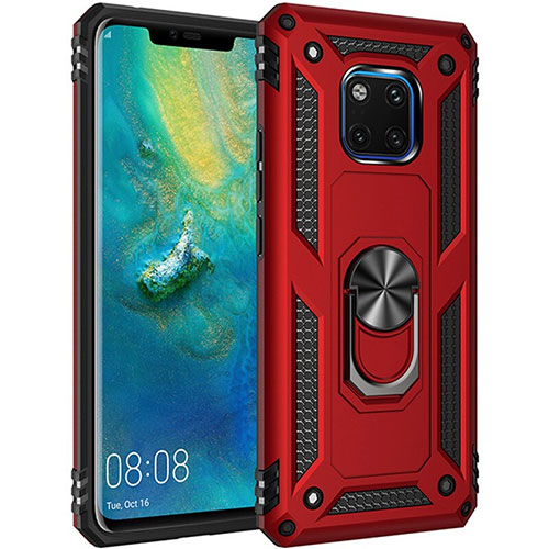 Silicone Matte Finish and Plastic Back Cover Case with Magnetic Finger Ring Stand R01 for Huawei Mate 20 Pro Red