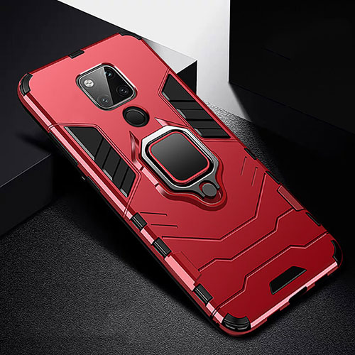 Silicone Matte Finish and Plastic Back Cover Case with Magnetic Finger Ring Stand R01 for Huawei Mate 20 X 5G Red